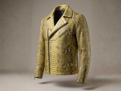 Genuine Python Snakeskin Biker Jacket: Gold Exotic Leather Motorcycle Jacket