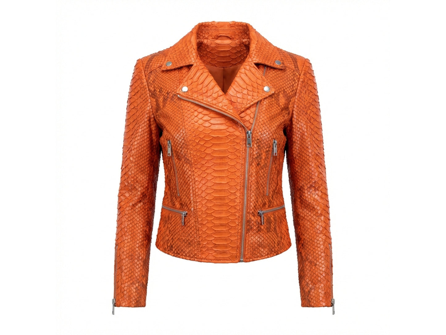 Genuine Python Snakeskin Leather Biker Jacket for Women in burnt orange color, featuring a classic motorcycle design and zippered pockets.