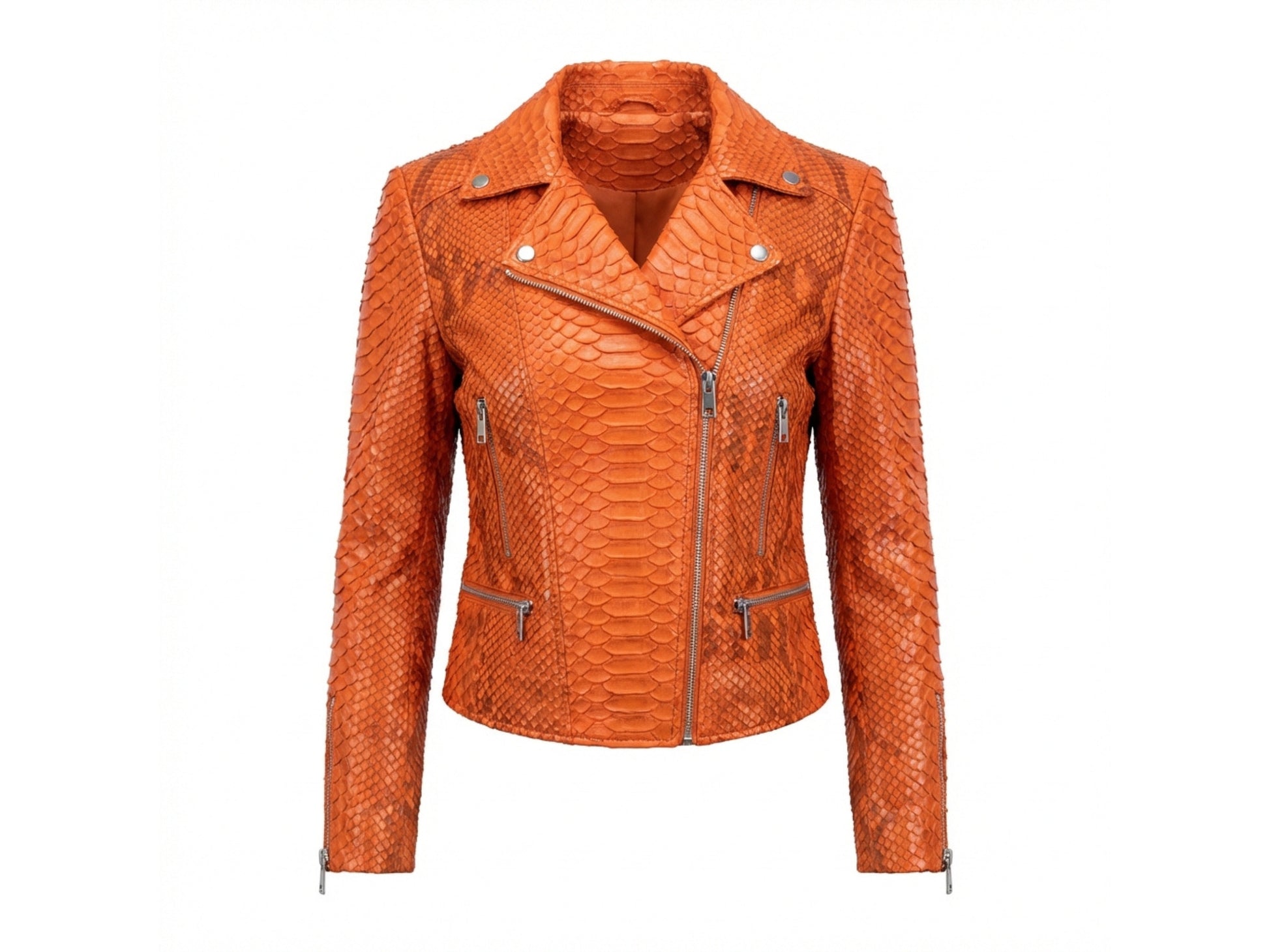 Genuine Python Snakeskin Leather Biker Jacket for Women in burnt orange color, featuring a classic motorcycle design and zippered pockets.