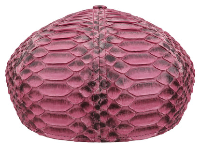 A structured oval cap featuring a vibrant maroon  mottled python skin texture, shown against a plain white background.