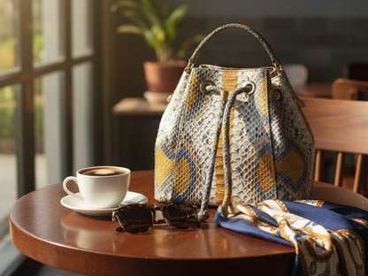 Genuine Python Snakeskin Bucket Bag: Handcrafted Exotic Leather Shoulder Purse for Women