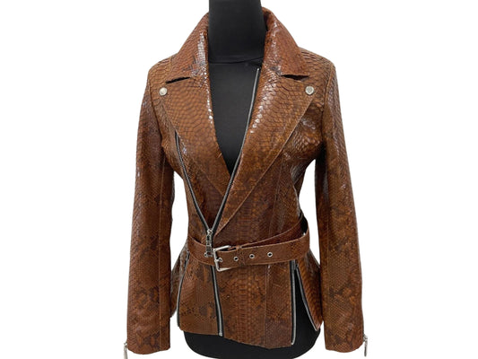 A stylish women's brown leather jacket featuring a trendy snake skin pattern, made from real python snakeskin.