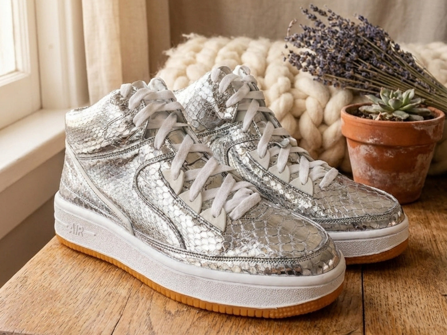 Silver Python Snakeskin Leather High-Top Sneakers
