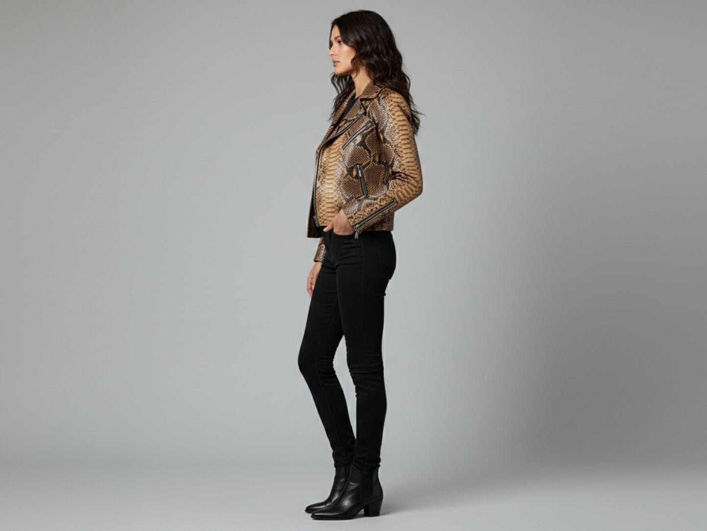 Genuine Python Snakeskin Leather Biker Jacket: Natural Brown Exotic Motorcycle Jacket