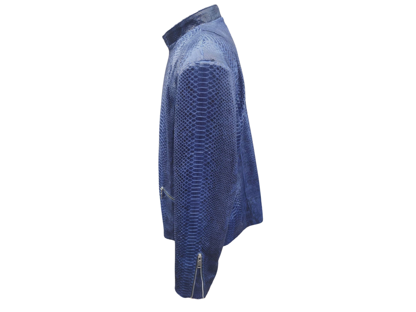 Snakeskin Leather Jacket Front Pockets Round Collar - 3