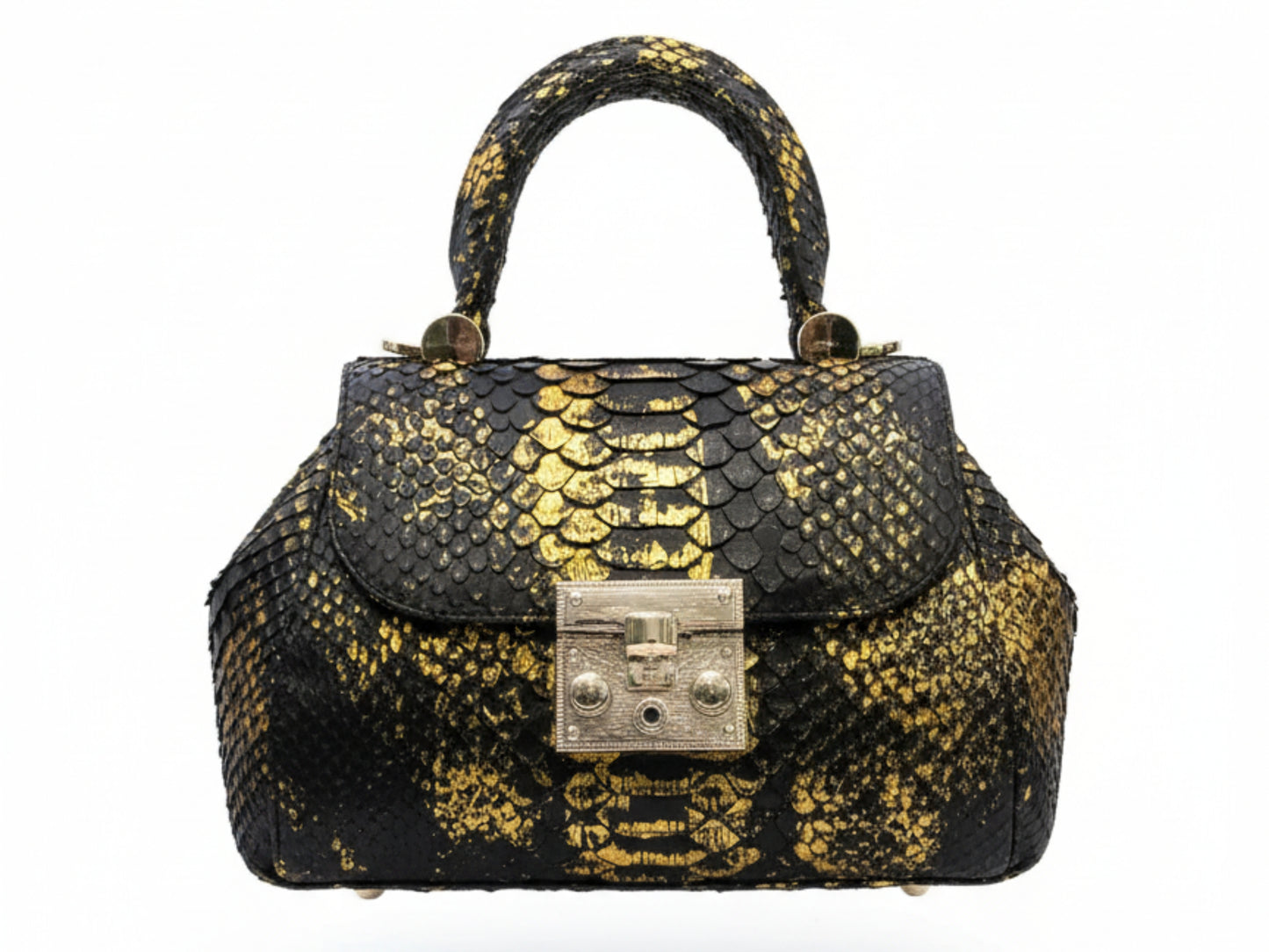 Luxury Genuine Python Snakeskin Handbag: Black & Gold Designer Purse