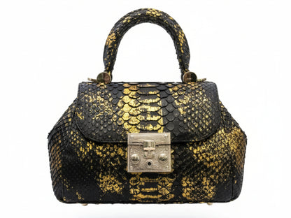 Luxury Genuine Python Snakeskin Handbag: Black & Gold Designer Purse