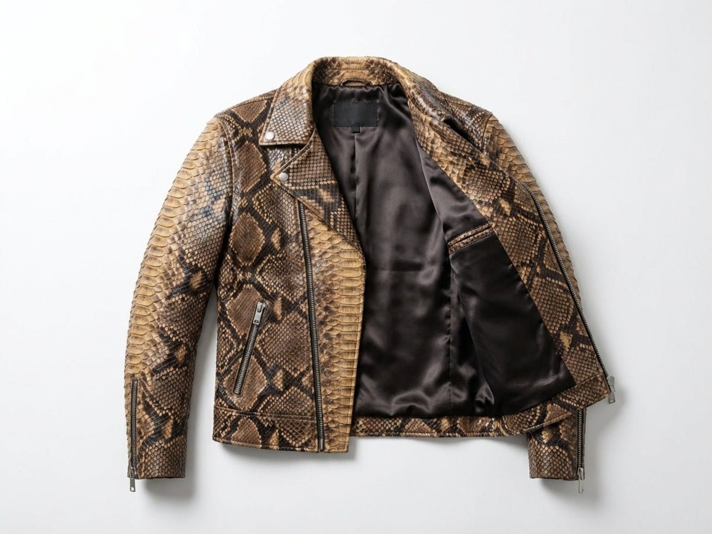 Genuine Python Snakeskin Leather Biker Jacket: Natural Brown Exotic Motorcycle Jacket