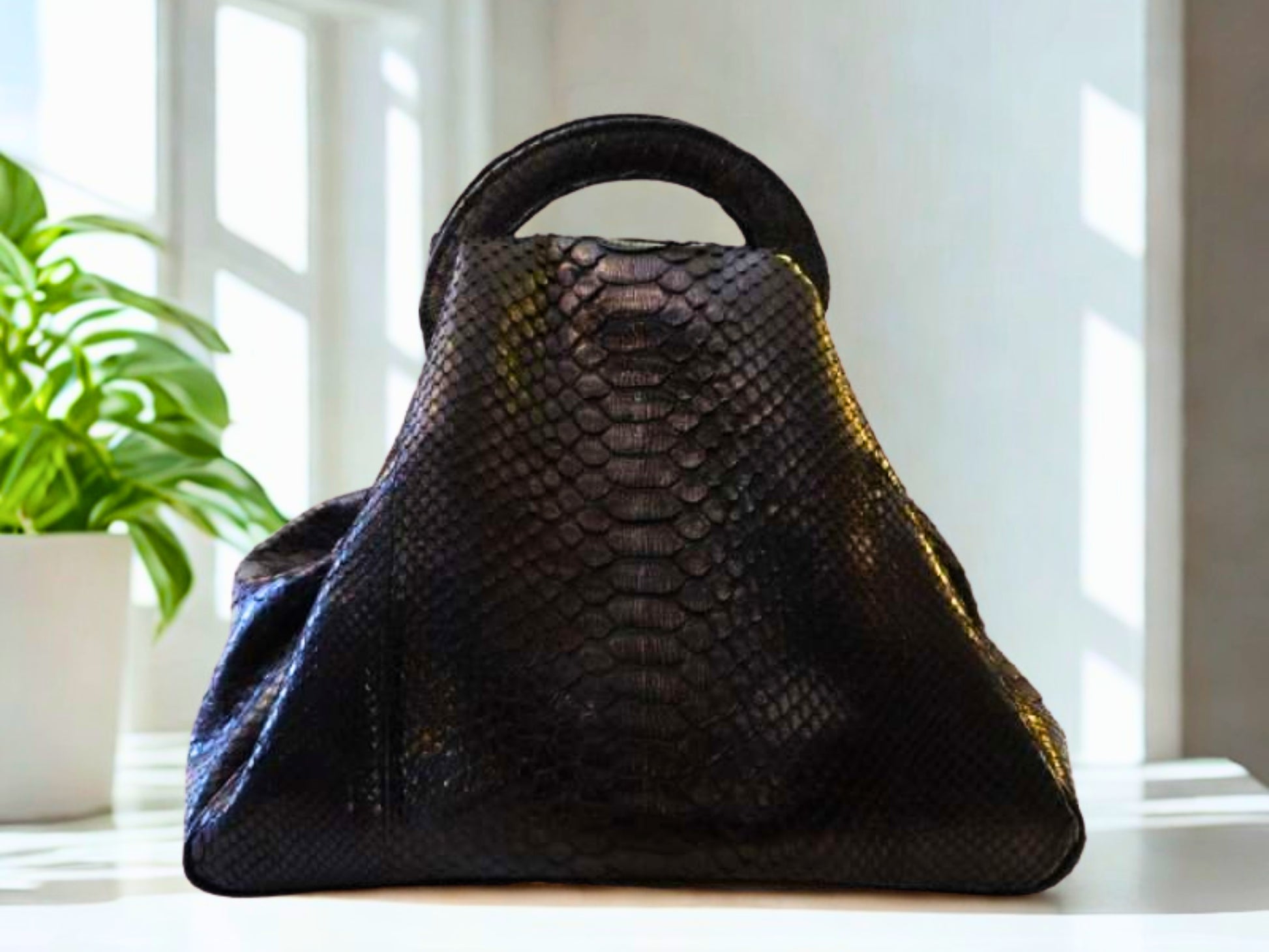 Unique Python Leather Top Handle Bag - Black