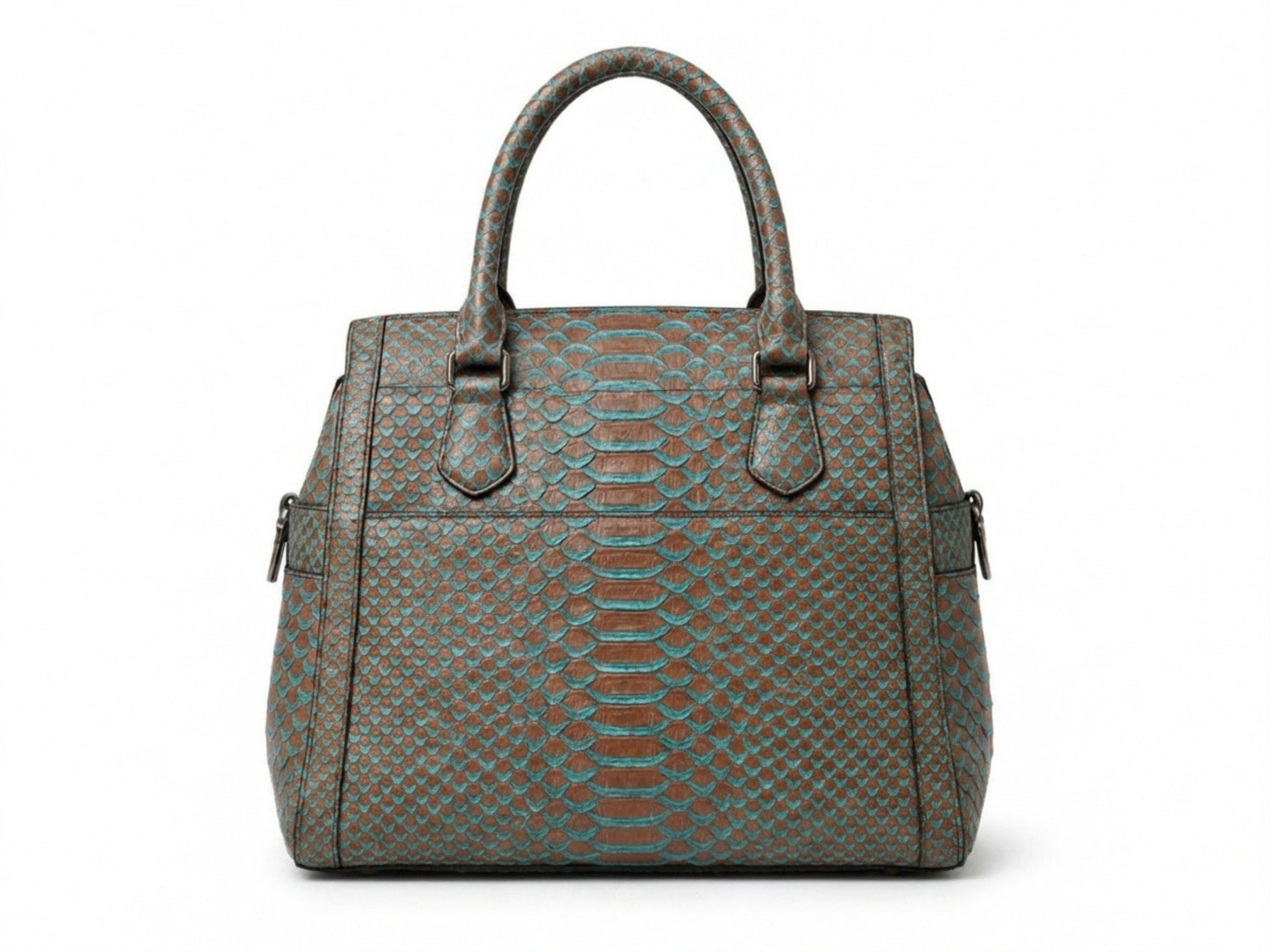 Brown Turquoise Python Snakeskin Leather Satchel Tote