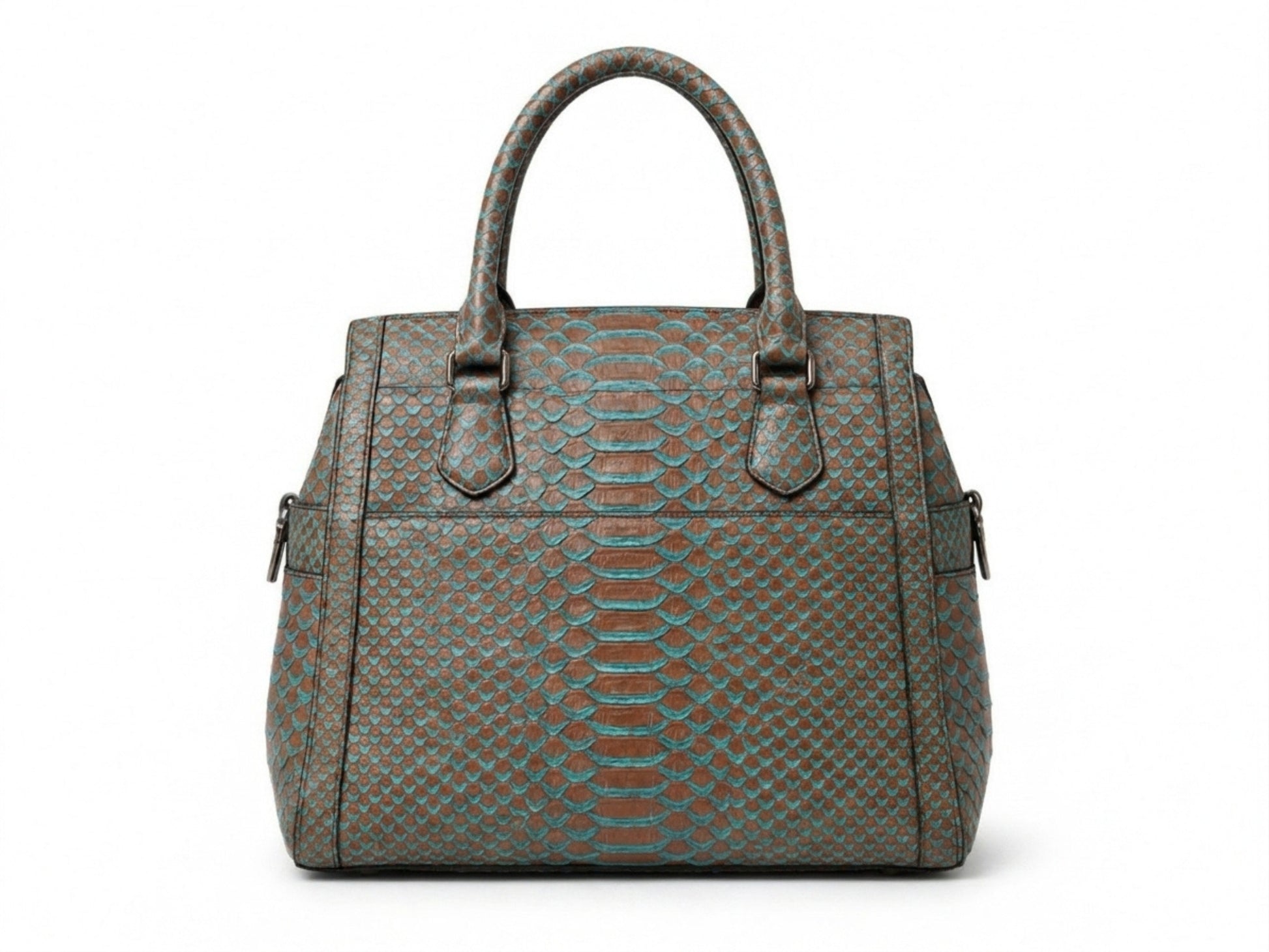 Brown Turquoise Python Snakeskin Leather Satchel Tote