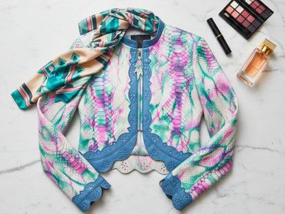 Tie Dye Python Snakeskin Leather Jacket: Genuine Exotic Leather Cropped Blazer with Blue Trim