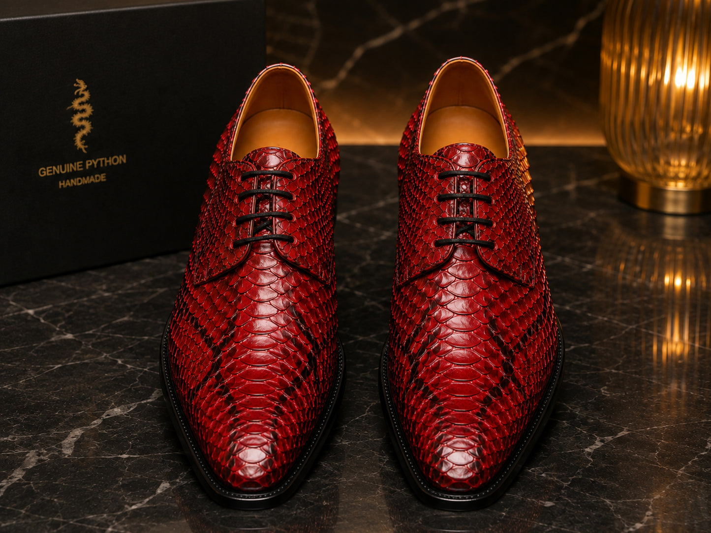 Pair of red genuine python snakeskin dress shoes with black laces