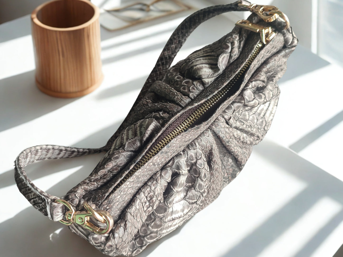 real snakeskin Croissant Small Leather Shoulder Bag at top view