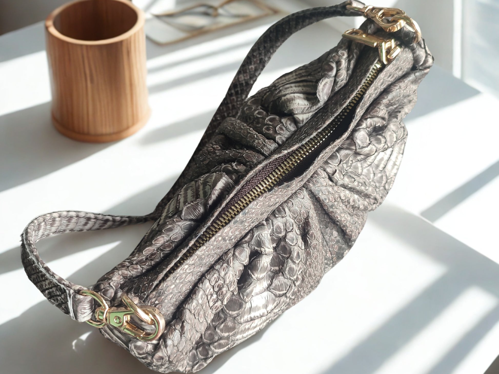 real snakeskin Croissant Small Leather Shoulder Bag at top view