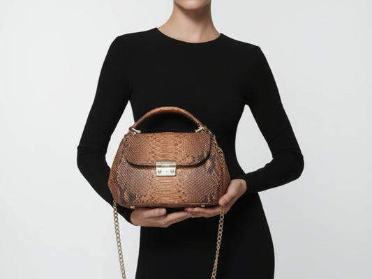 Luxury Genuine Python Snakeskin Top Handle Bag: Exotic Brown, Black, White & Green Leather Purse