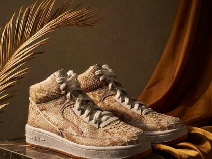 Beige Python Snakeskin Leather High-Top Sneakers