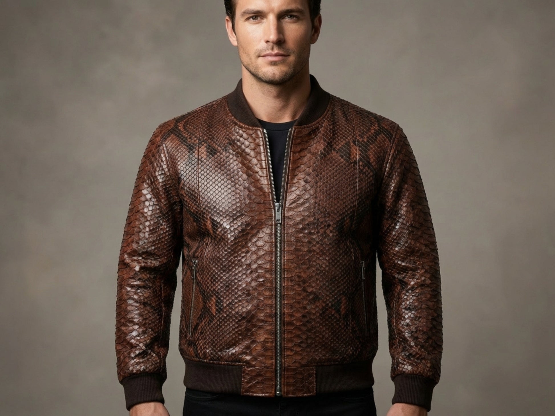 Genuine Python Snakeskin Leather Bomber Jacket: Brown Exotic Biker Motorcycle Jacket