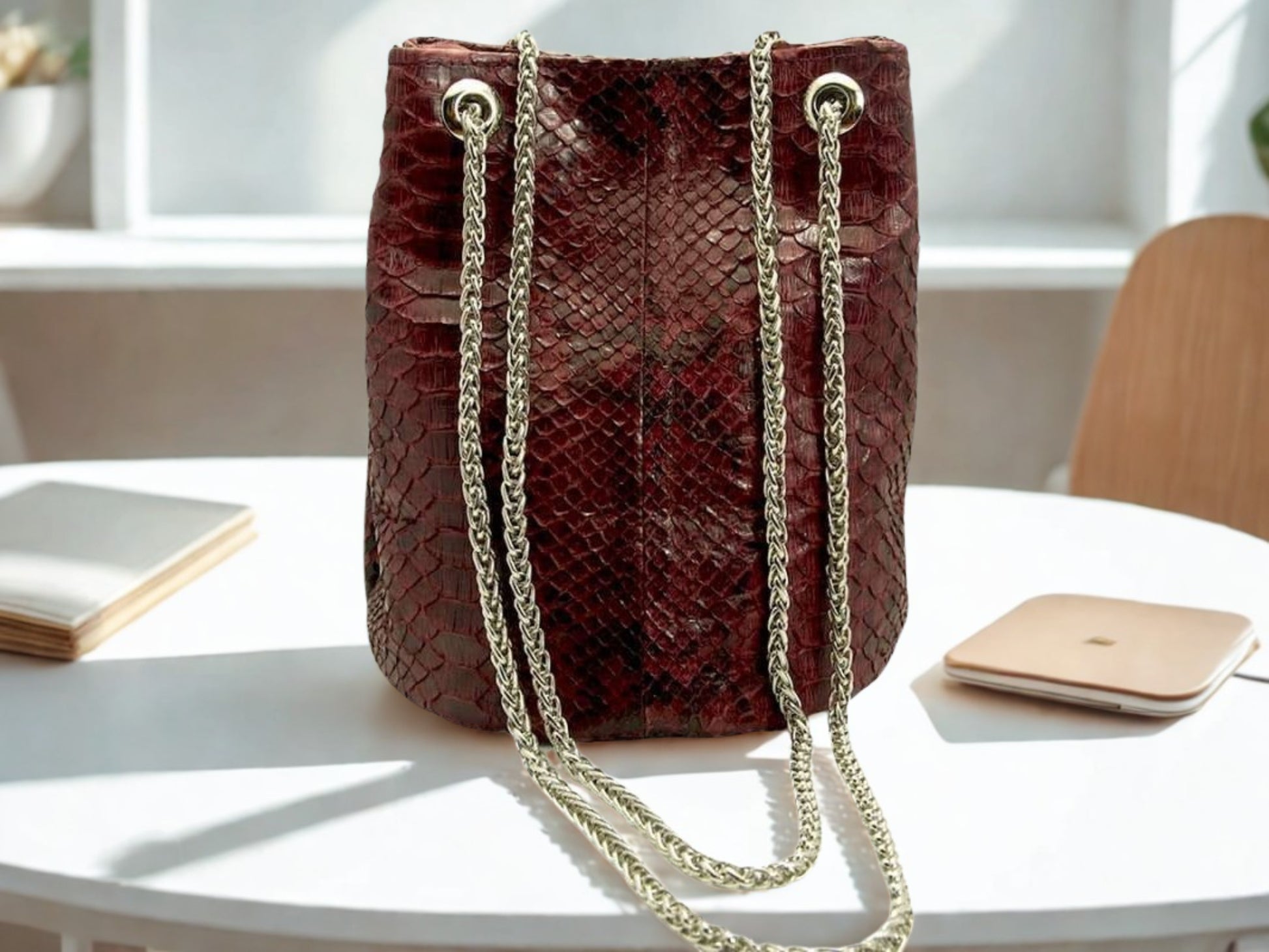 Real Snakeskin Drawstring Bag - Maroon