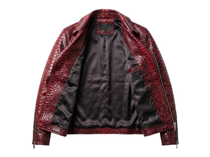 Genuine Python Snakeskin Leather Biker Jacket: Red Exotic Motorcycle Jacket