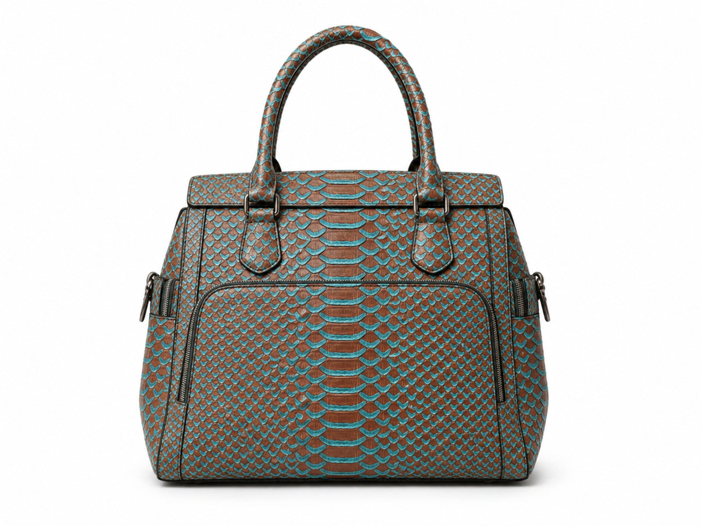 Brown Turquoise Python Snakeskin Leather Satchel Tote