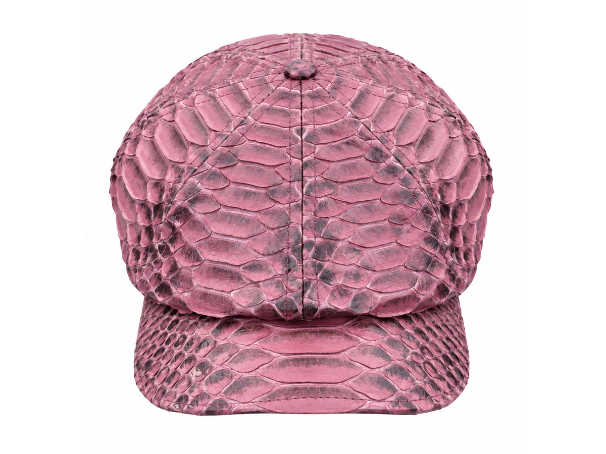 A structured baseball cap with maroon snakeskin pattern, shown from the front on a solid white background.