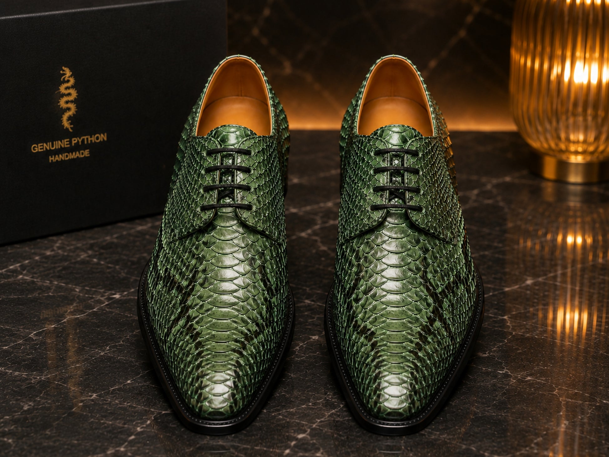Pair of green genuine python snakeskin dress shoes with exotic scale texture