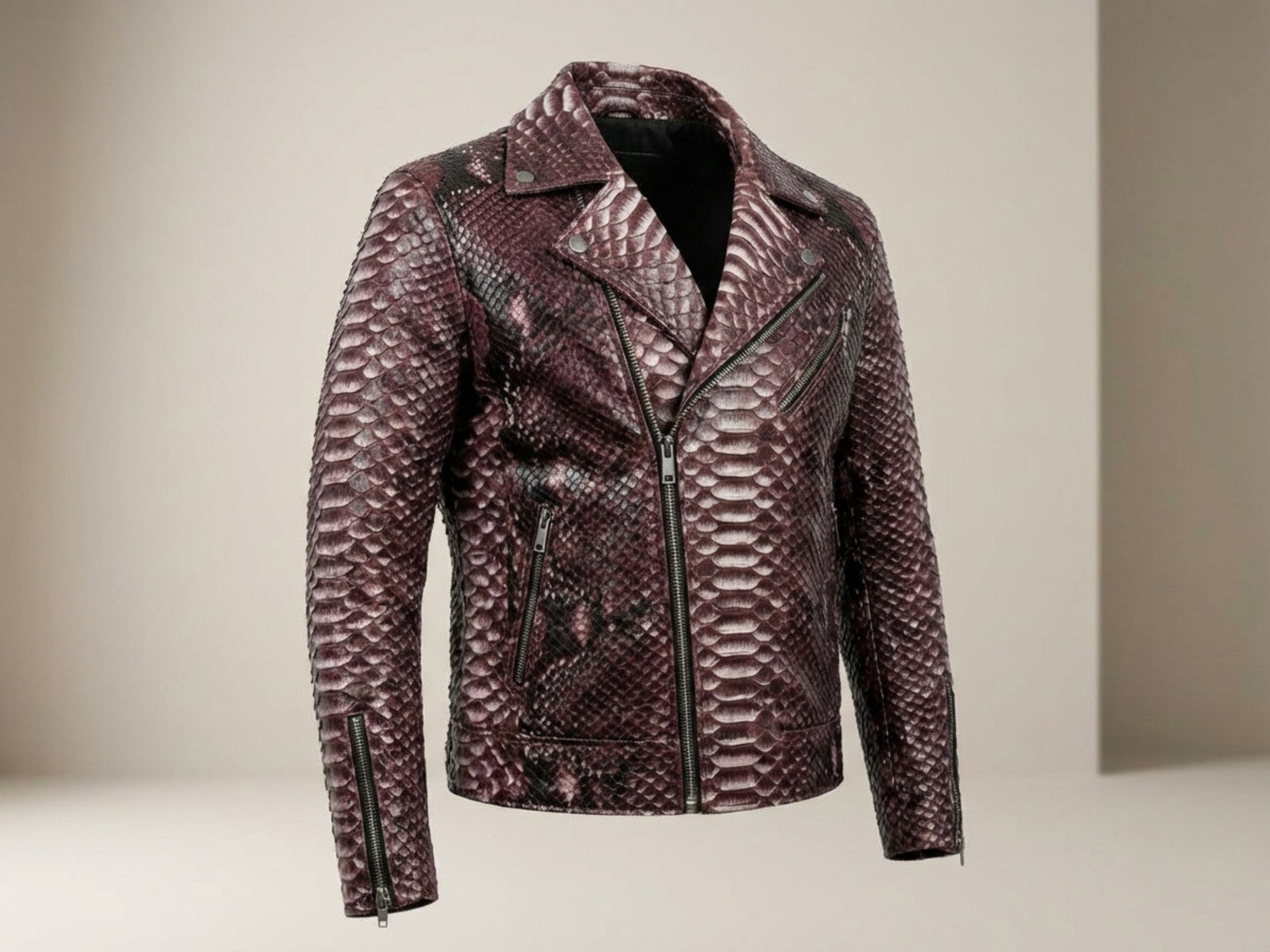 Genuine Python Snakeskin Leather Biker Jacket: Gradient Burgundy Exotic Motorcycle Jacket