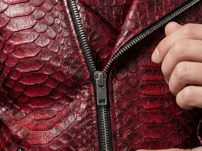 Genuine Python Snakeskin Leather Biker Jacket: Red Exotic Motorcycle Jacket