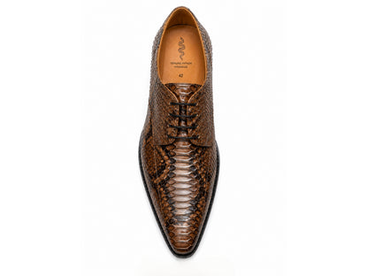 Brown genuine python snakeskin dress shoe shown from top view