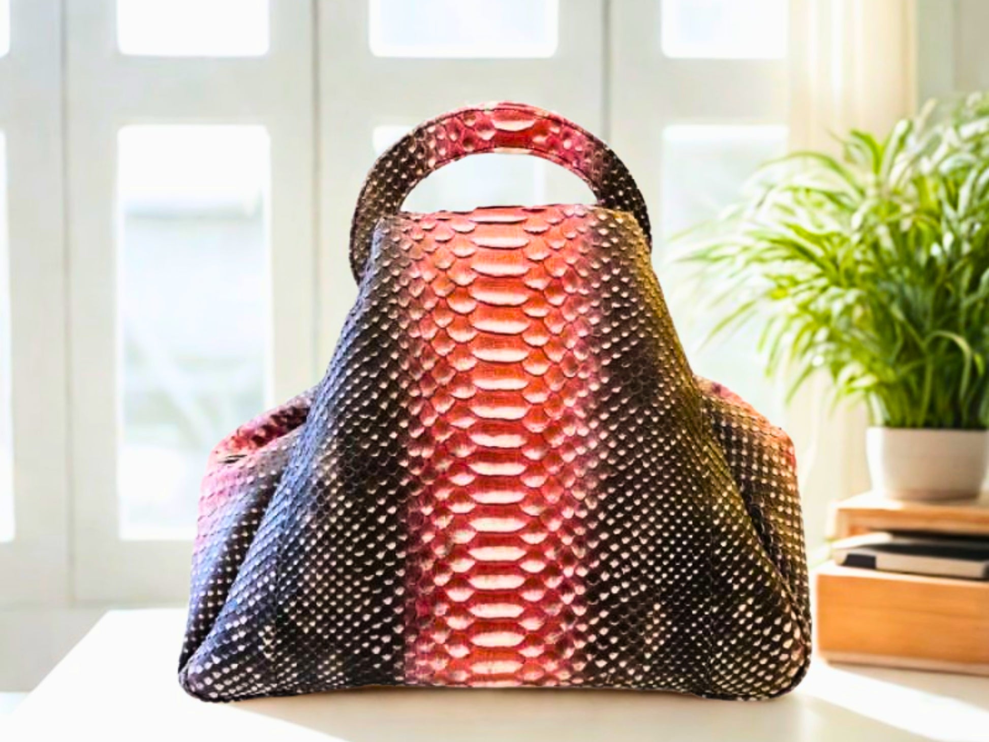 Unique Python Leather Top Handle Bag - Salmon