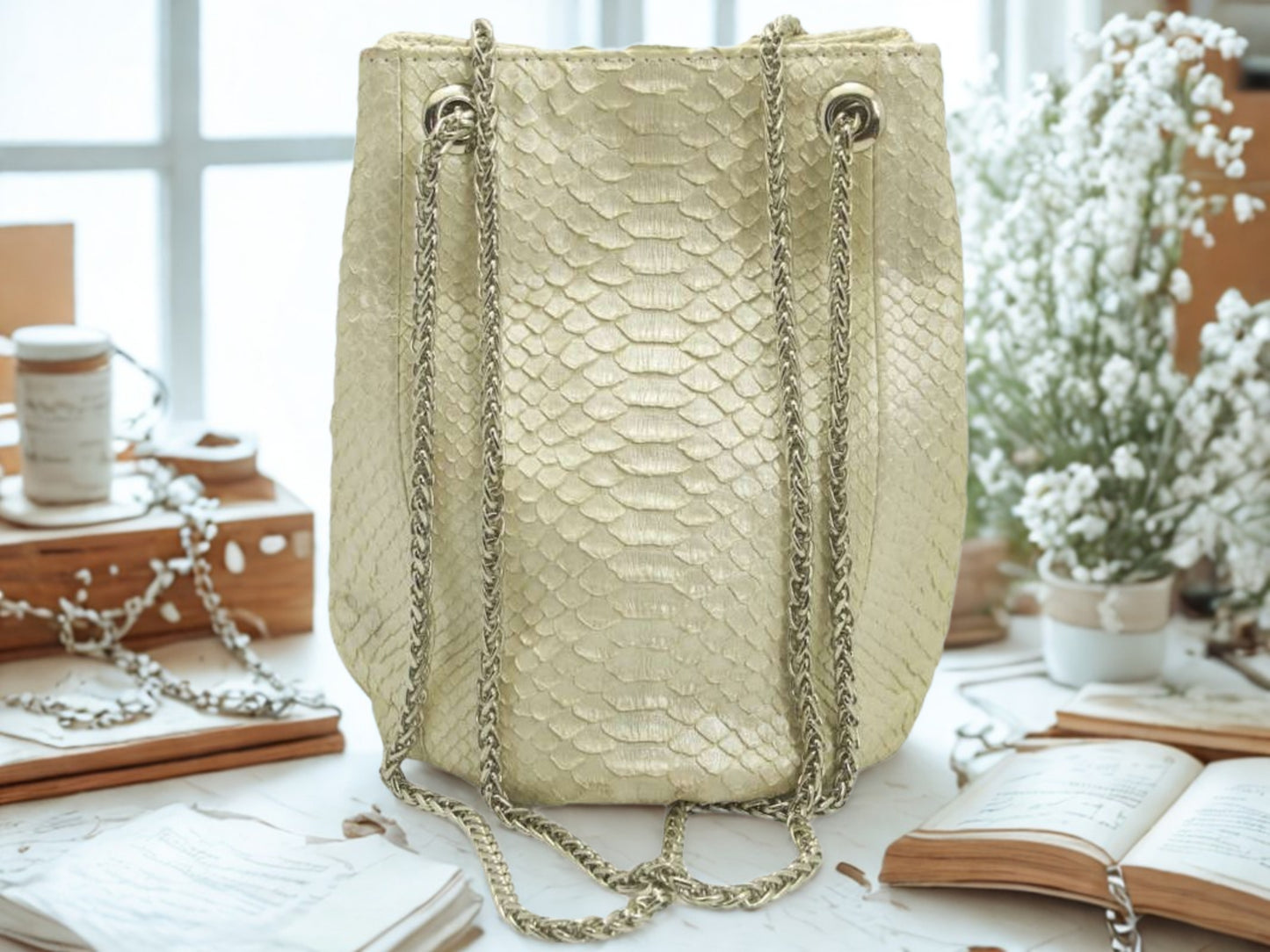 Real Snakeskin Drawstring Bag - White