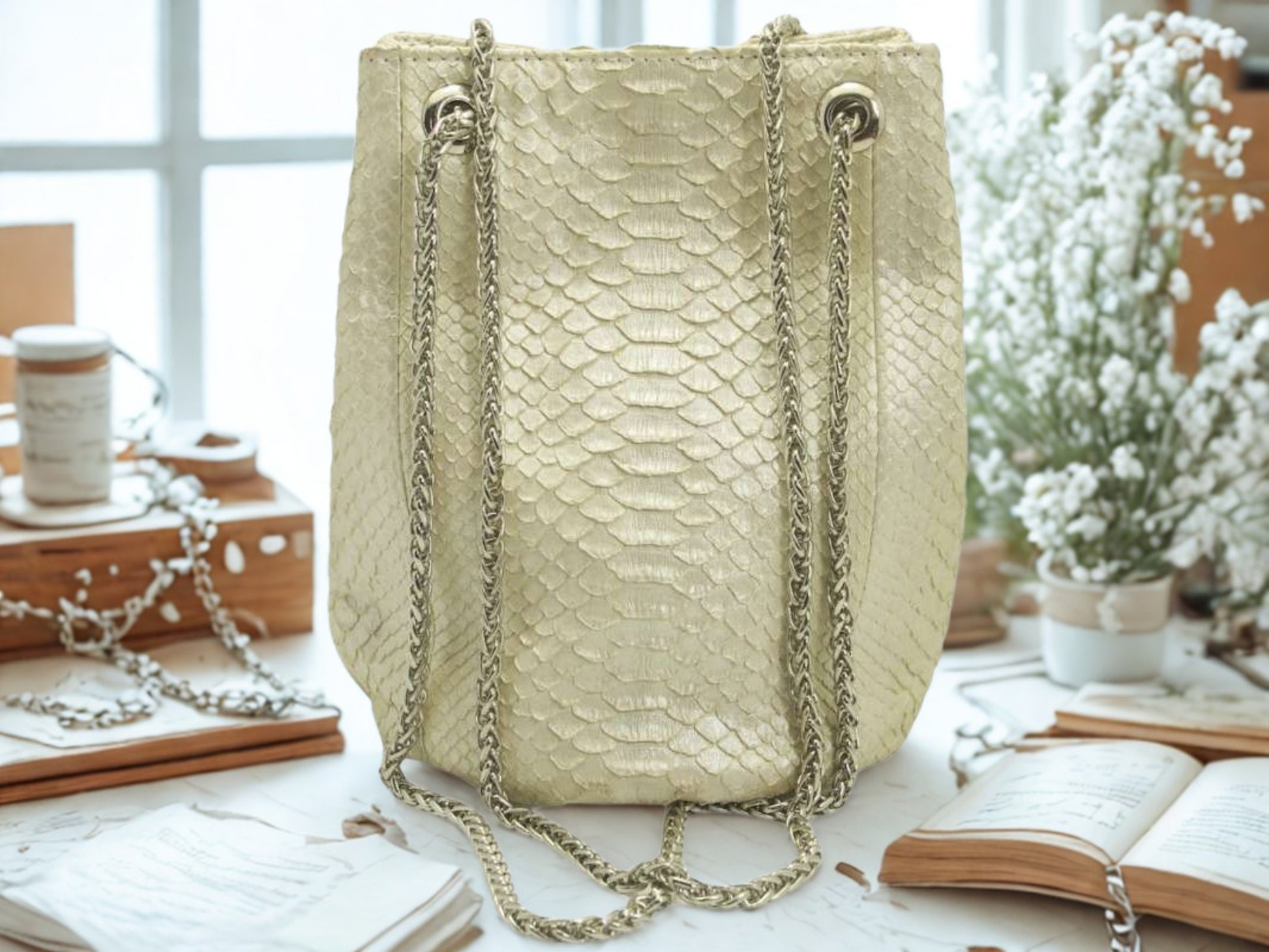 Real Snakeskin Drawstring Bag - White