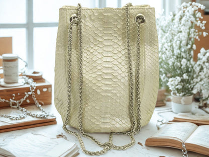 Real Snakeskin Drawstring Bag - White