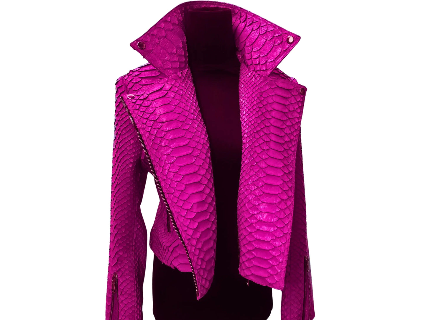 Pink python leather jacket with big scales snake skin pattern 