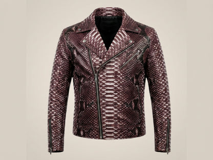 Genuine Python Snakeskin Leather Biker Jacket: Gradient Burgundy Exotic Motorcycle Jacket