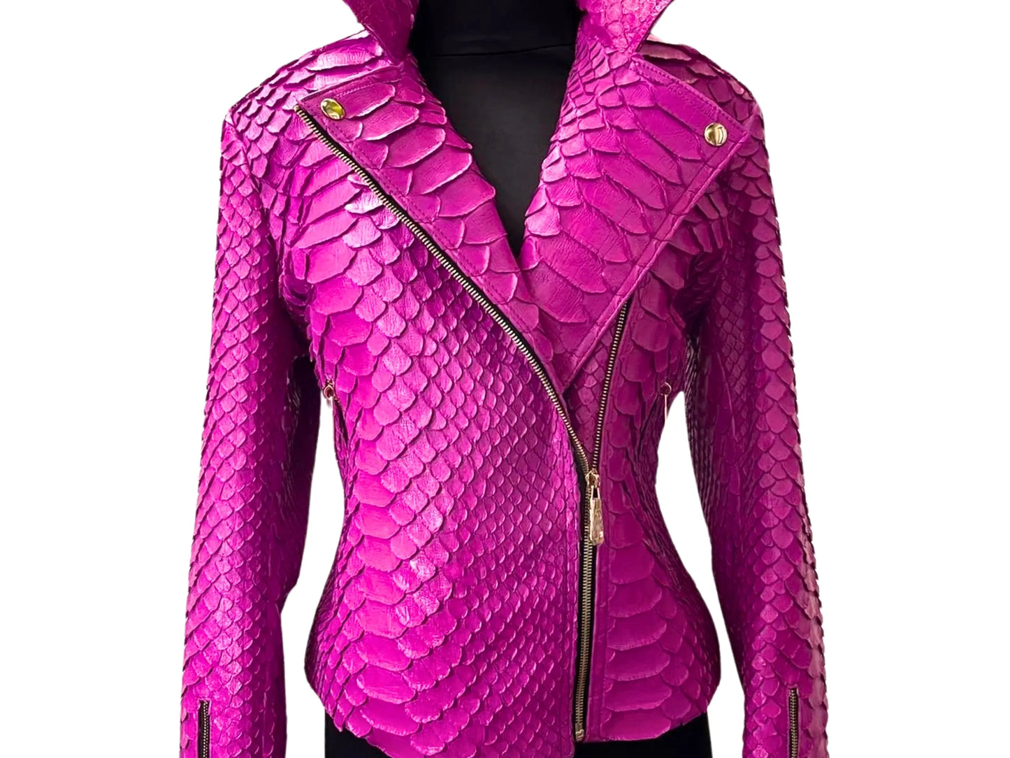 Pink snakeskin leather jacket with real python leather and big scales snake skin pattern.