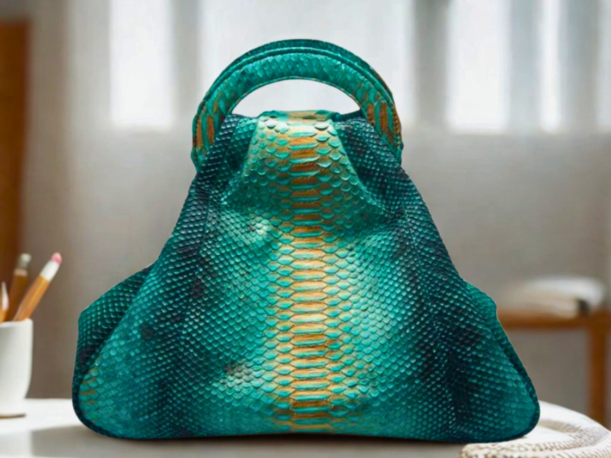 Unique Python Leather Top Handle Bag - Green