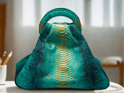 Unique Python Leather Top Handle Bag - Green