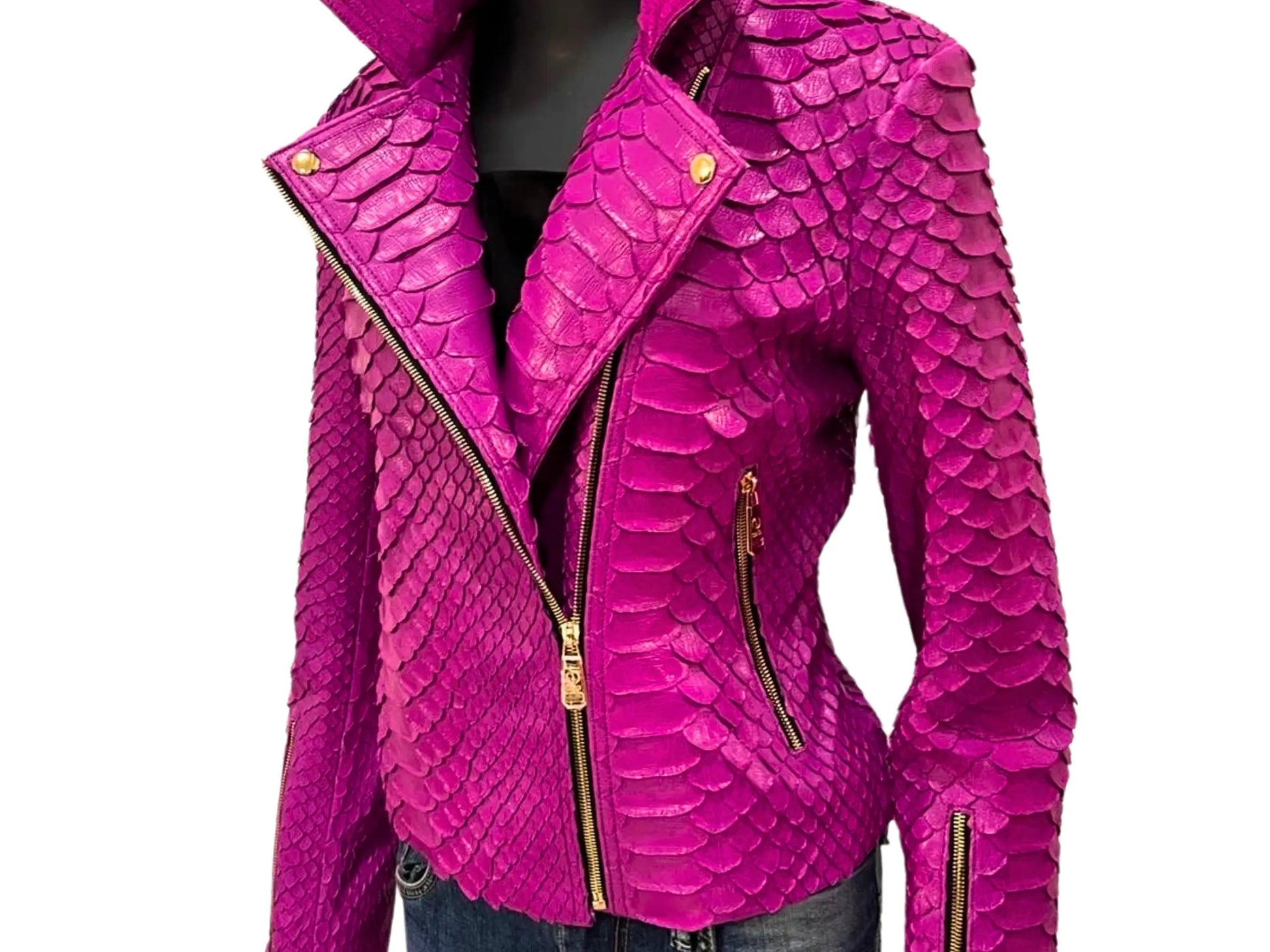 Stylish pink snakeskin leather jacket featuring real python skin 