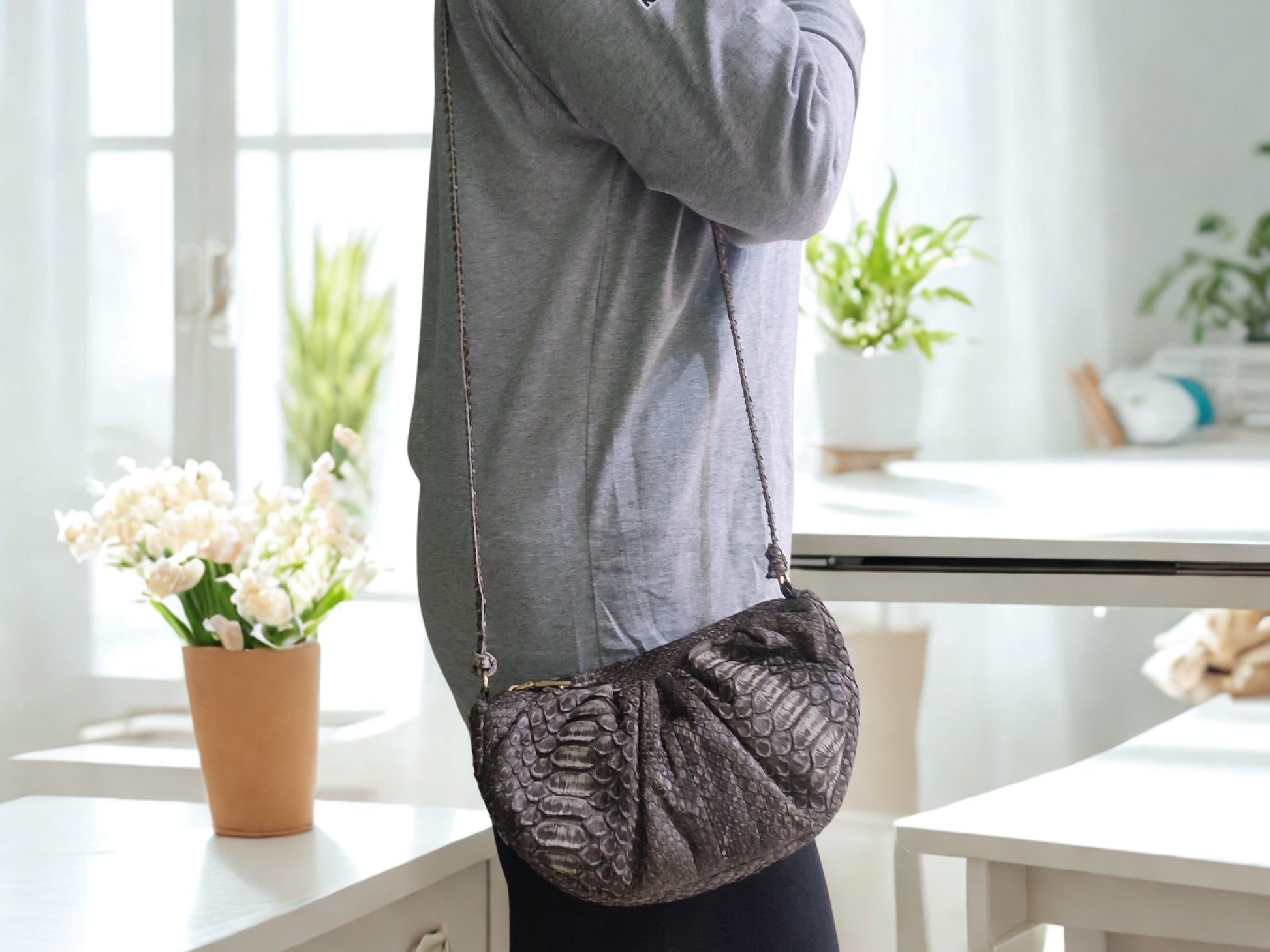 real snakeskin Croissant Small Leather Shoulder Bag on shoulder style by model