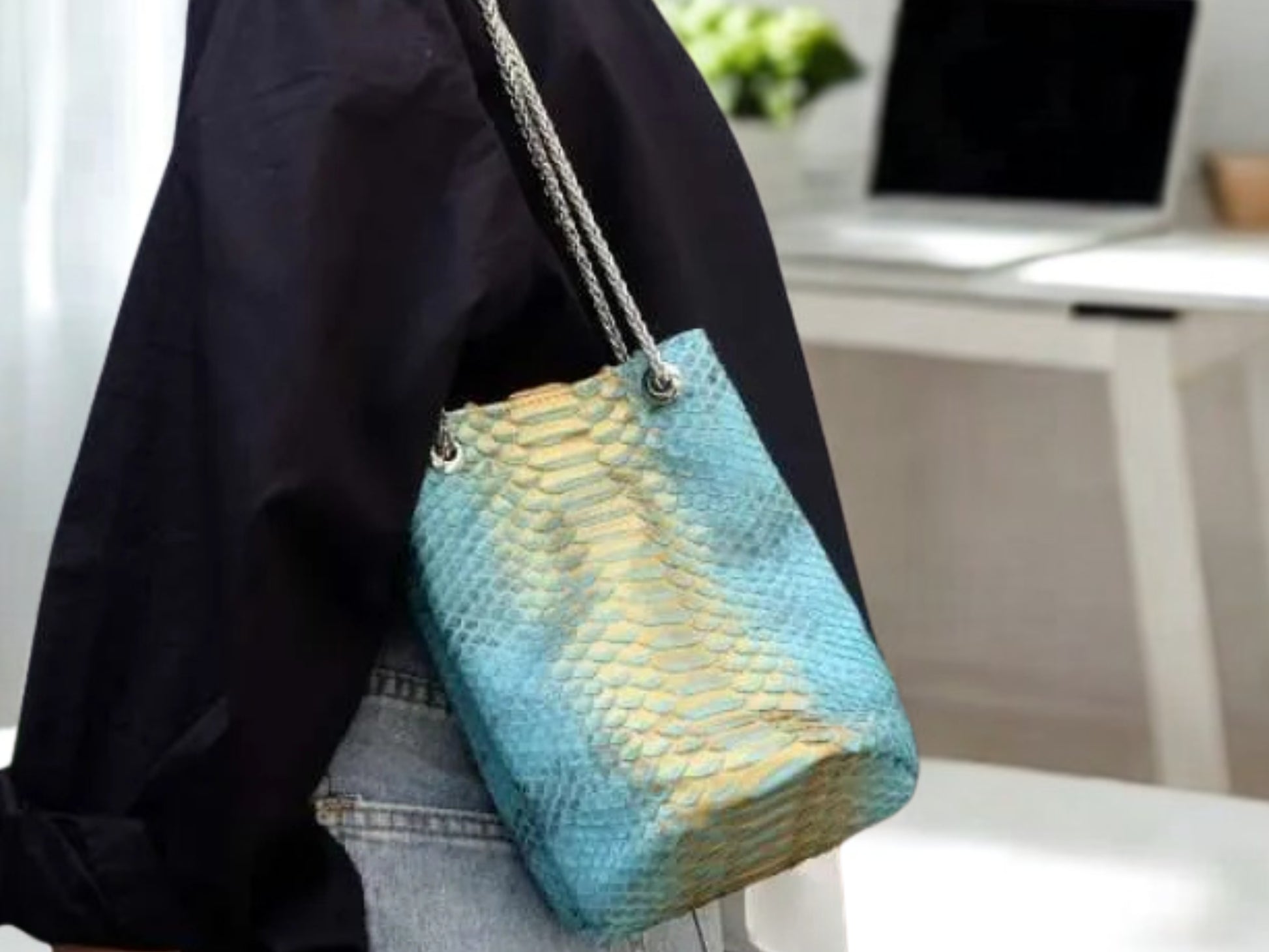 Real Snakeskin Drawstring Bag - Turquoise