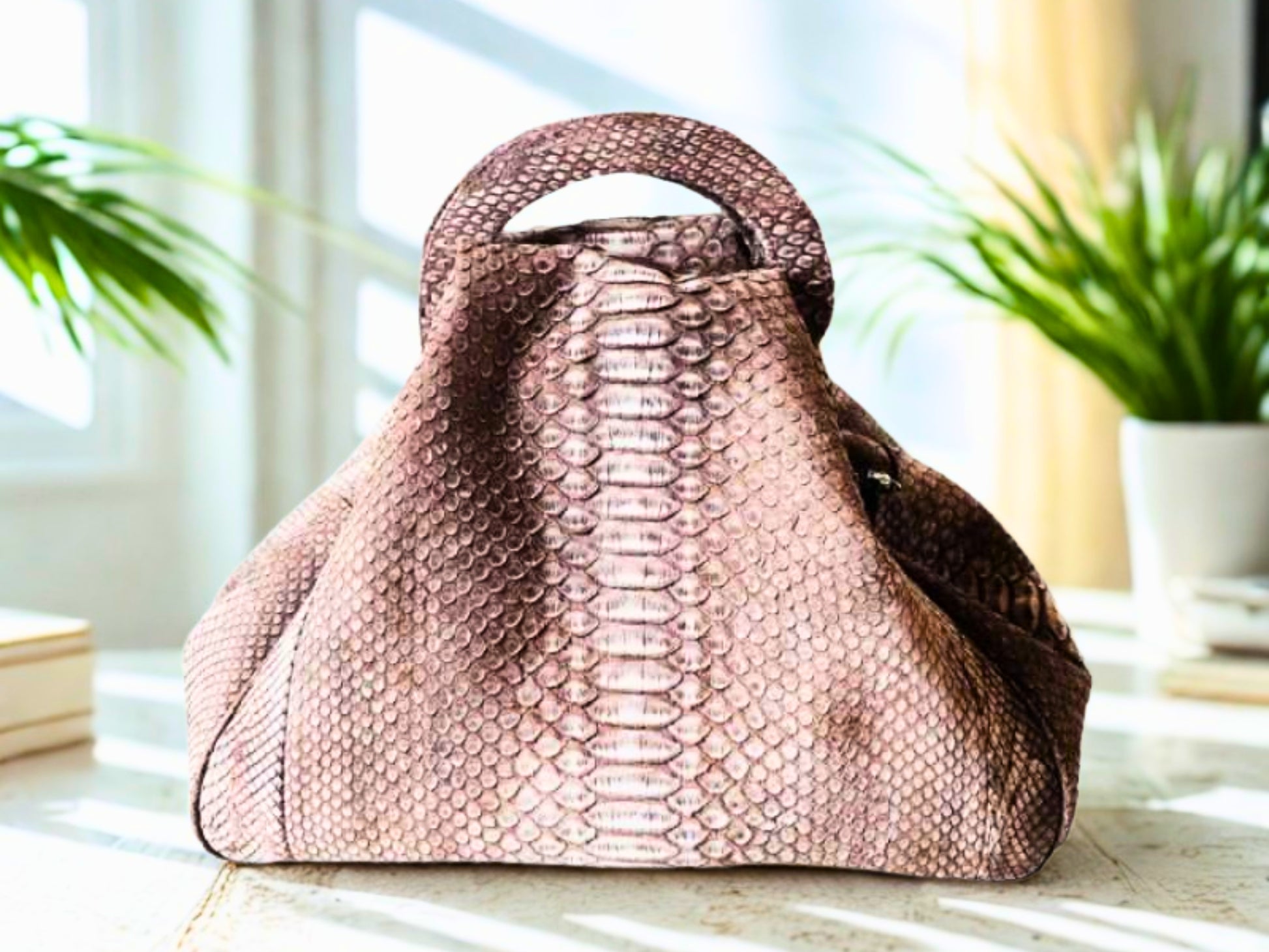 Unique Python Leather Top Handle Bag - Brown Nubuck