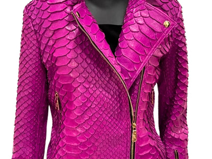 Trendy pink jacket featuring a bold snake skin pattern.