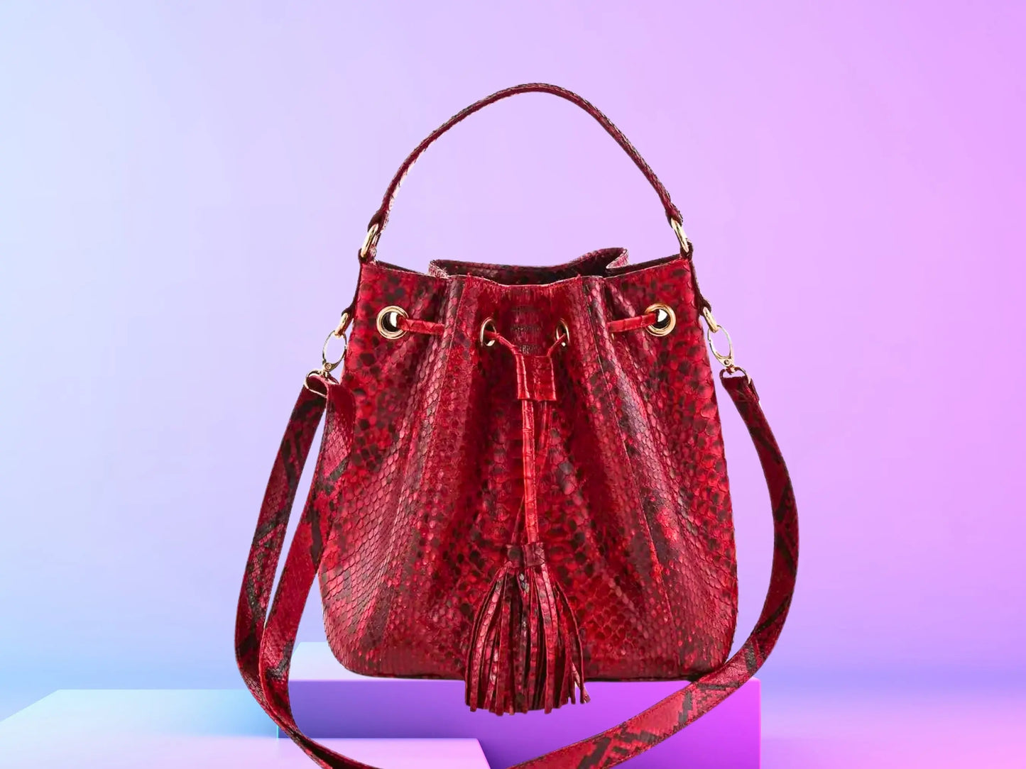 Snakeskin Drawstring Bucket Bag - Python Jacket by LFM Fashion