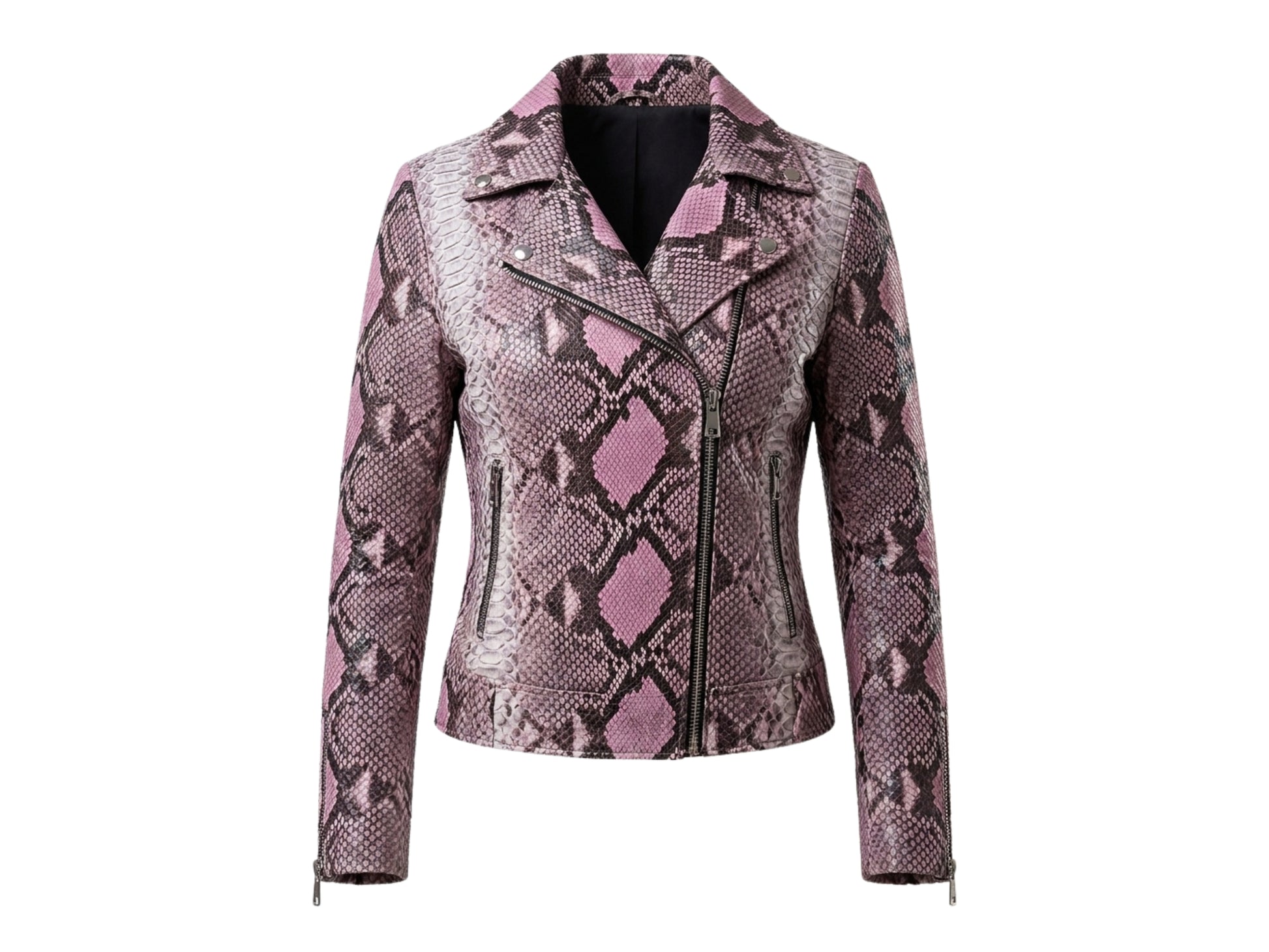 Front view of genuine pink python snakeskin moto jacket with asymmetrical zipper and silver hardware