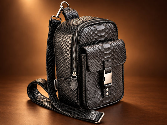 A black textured snakeskin-pattern leather crossbody bag with a front pocket and silver-tone hardware, displayed on a warm brown wooden surface.