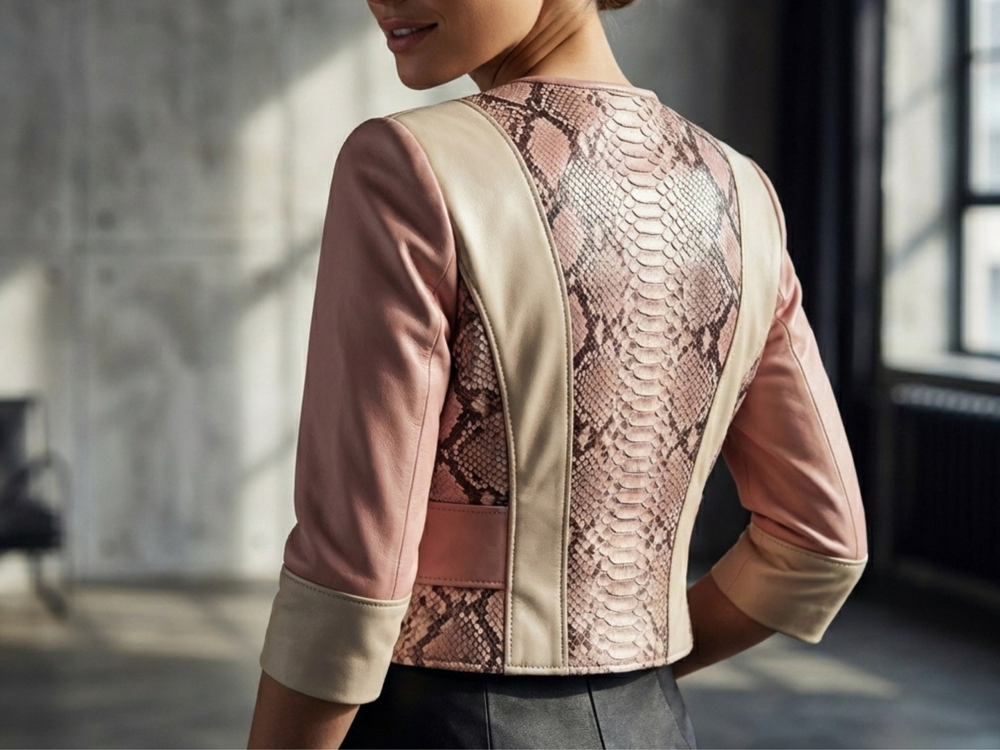 Blush Snakeskin Panel Cropped Leather Jacket
