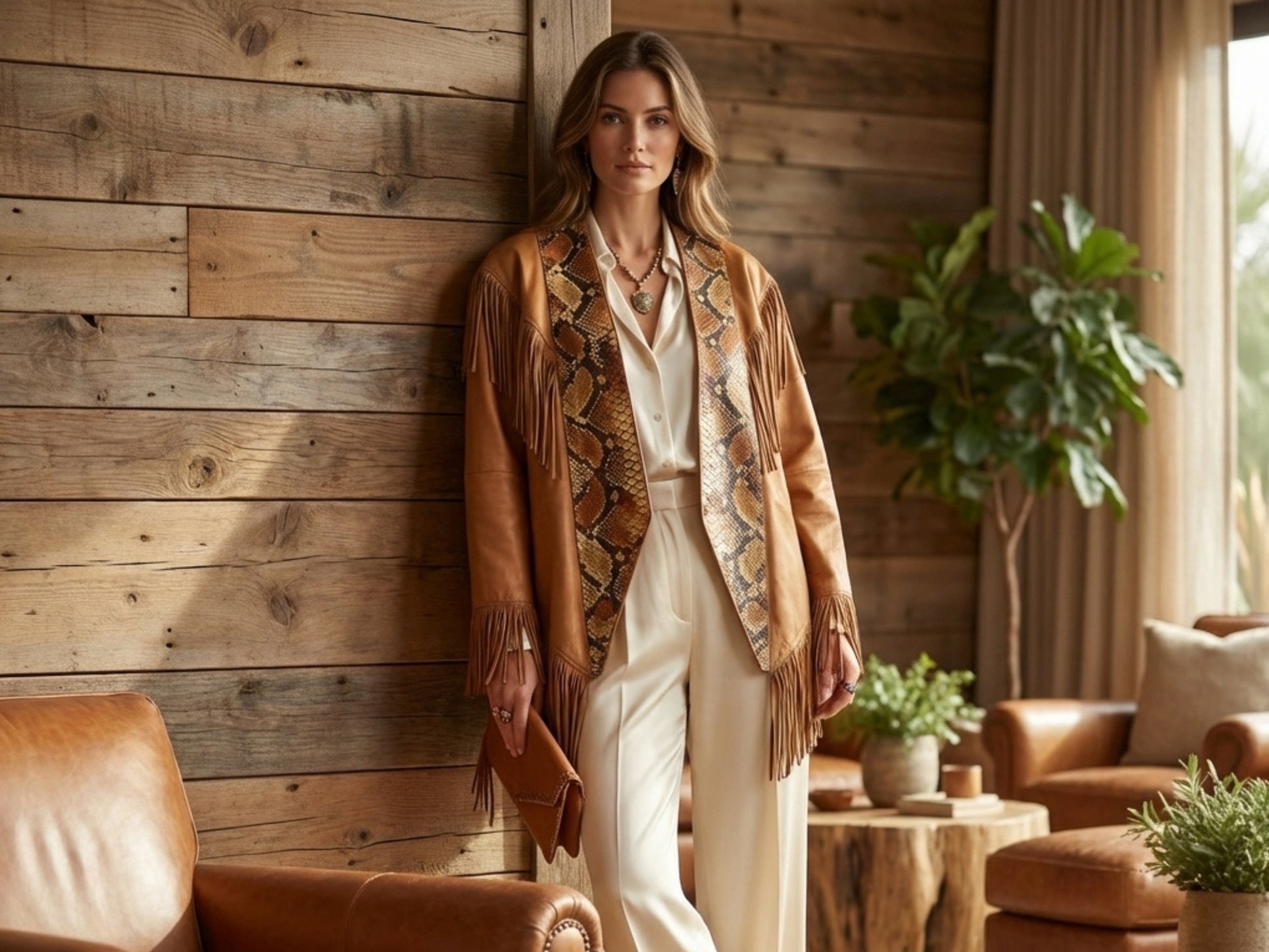 Brown Snakeskin Fringe Leather Jacket
