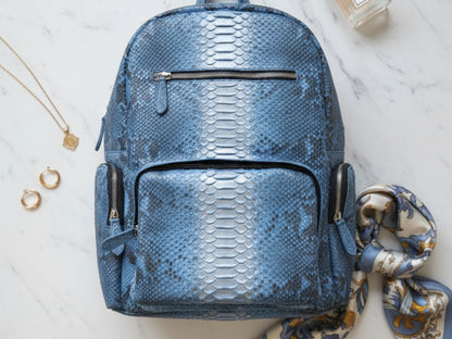 Metallic Blue Genuine Python Snakeskin Backpack: Convertible Laptop Backpacks